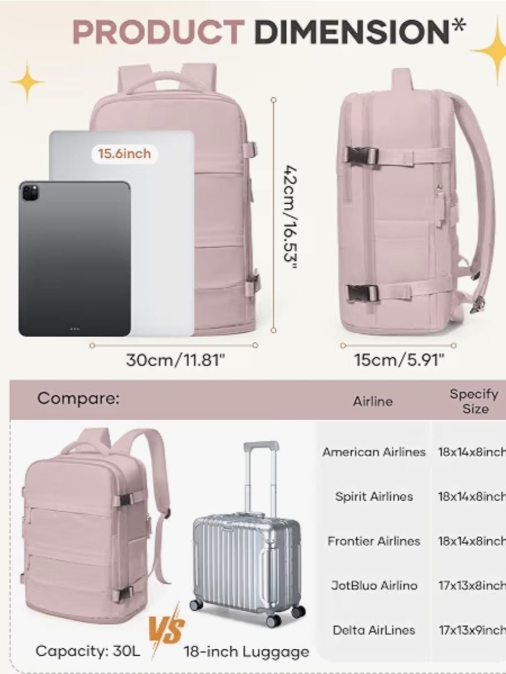 Women's Travel Backpack - Dusty Pink - Picture 3 of 7